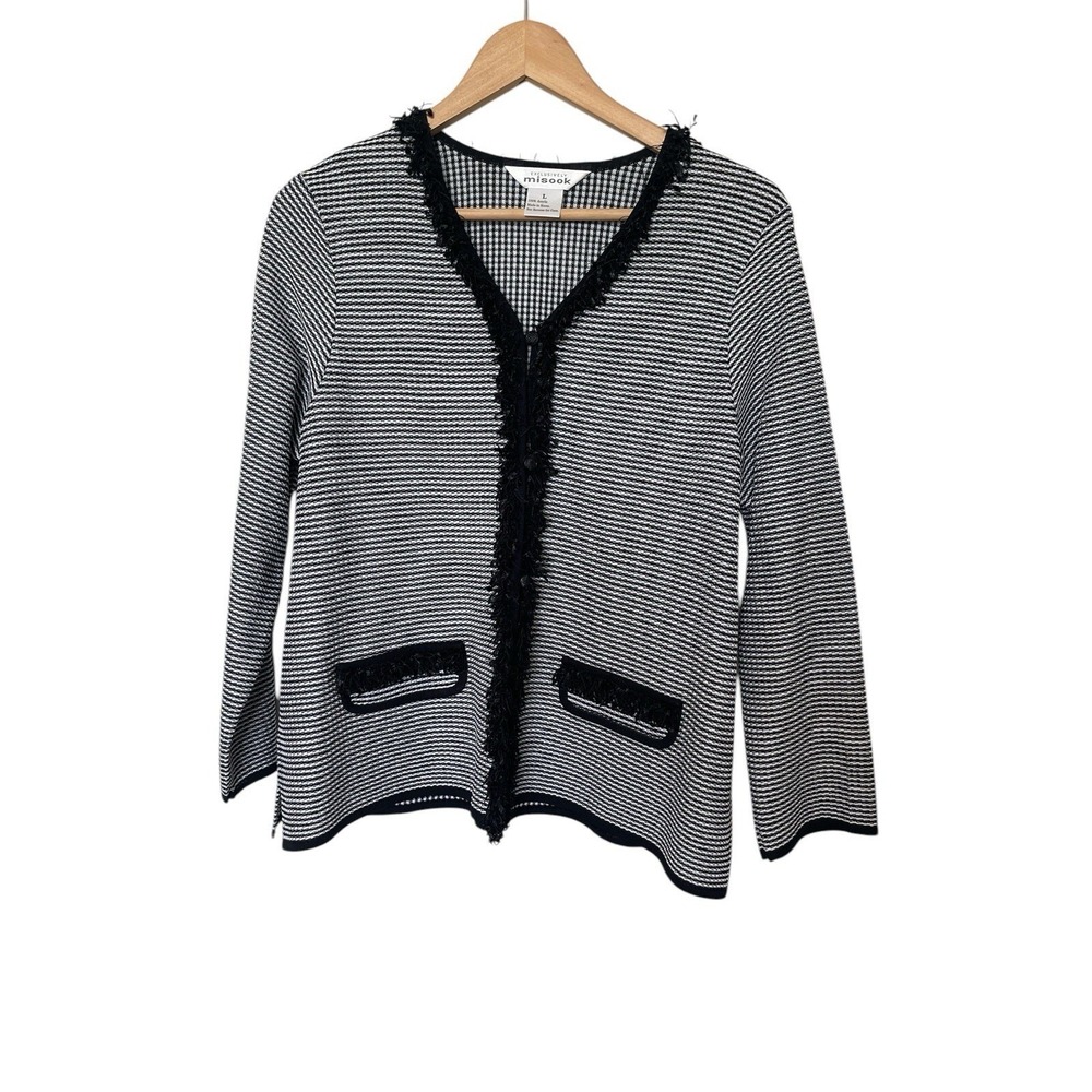 Misook Cardigan Jacket Womens L Black White Striped Eyelash Fringe Knit V-Neck